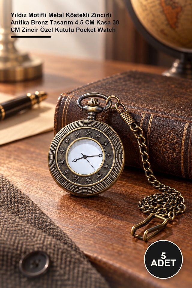 5 Adet Cep Saati Yıldız Motifli Metal Köstekli Zincirli Antika Bronz Tasarım 4.5 Cm Kasa 30 Cm Zincir Özel Kutulu Pocket Watch
