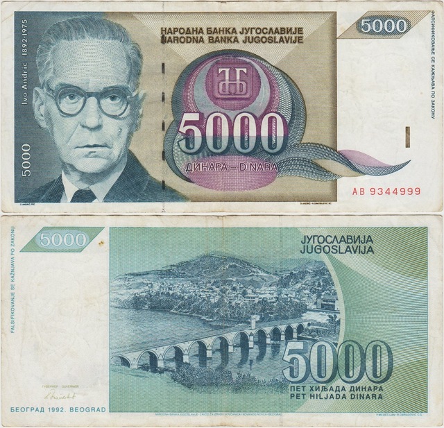 Yugoslavya 5000 Dinar 1992 Sokullu Mehmet Köprüsü. Çok Temiz.