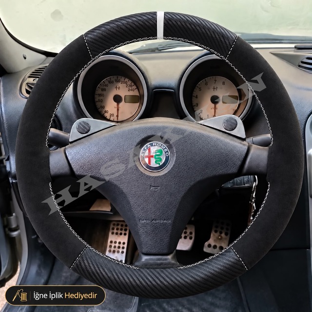 Alfa Romeo 147 Dikme Direksiyon Kılıfı Alcantara Süet Mat Karbon Beyaz Yüzük Ve Dikiş Distinctive-selespeed 2004-2010