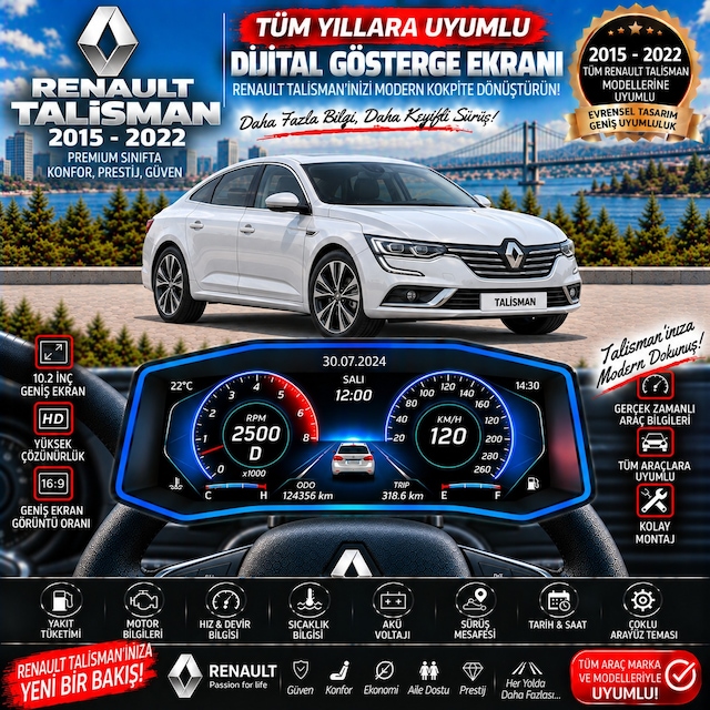 Renault Talisman 2015-2022 İçin Digital Gösterge Odb Ekran Arıza Göstergesi Turbo Gösterge Hayalet Ekran