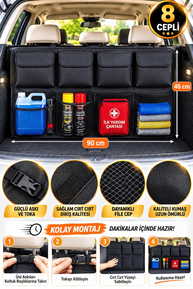 Araç Bagaj Organizeri Oto İç Aksesuar Bagaj Düzenleyici Ayarlanabilir 8 Cepli Fileli Araba Bagaj Çantası Standart