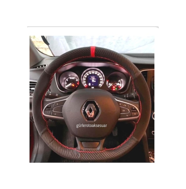 Megane 4 Dikmeli Direksiyon Kılıfı Alkantra-Karbon Kırmızı Yüzük