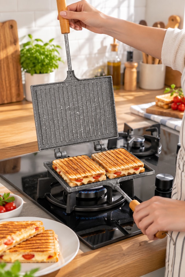 Porsima Çift Taraflı Granit Tost Tavası 17x23 Cm Granit Kaplama Ahşap Saplı Ocak Üstü Tost Makinesi