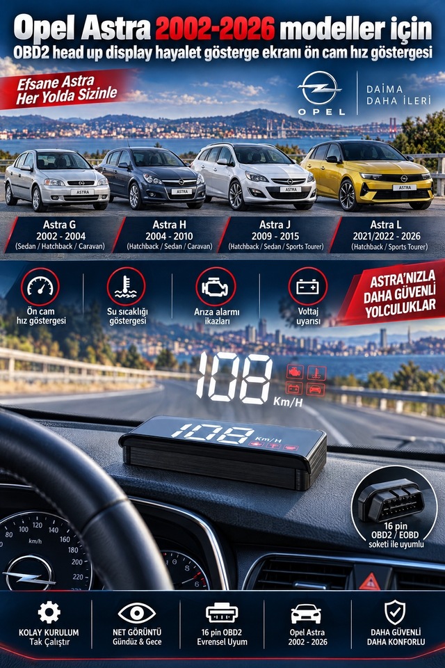 Opel Astra 2002-2026 Modeller İçin Obd2 Head Up Display Hayalet Gösterge Ekranı Ön Cam Hız Göstergesi
