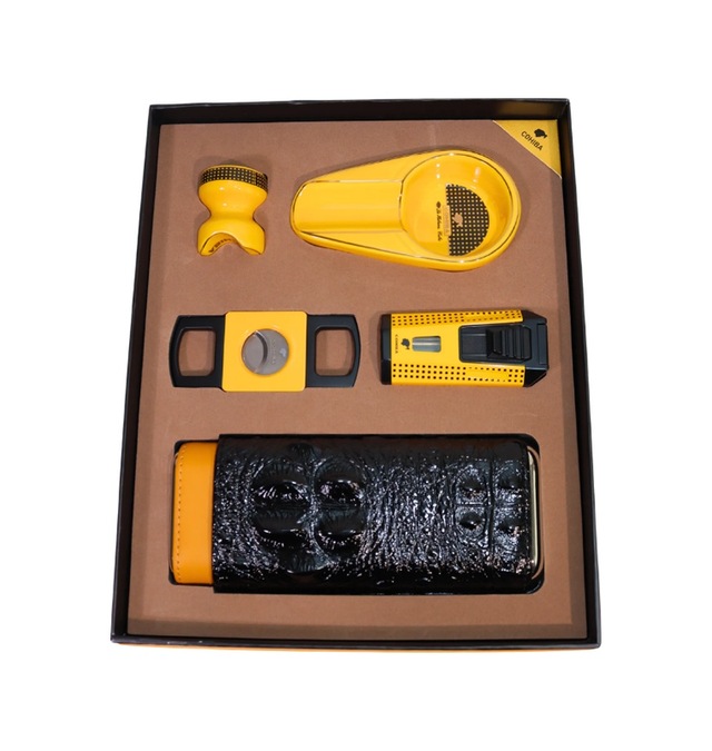 Cohiba Çift Torch Pürmüz Çakmak Kılıf Küllük Kesici Sehpa Sarı Beşli Puro Seti Tr10030