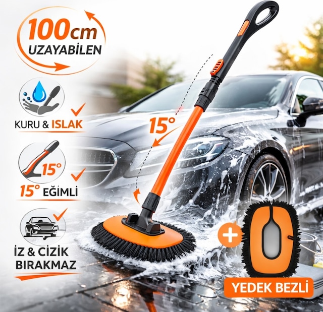 Polham 100cm Uzayabilen Teleskopik Saplı Kuru Islak Araç Temizleme Fırçası, İz Ve Çizik Bırkaz Fırça, Yedek Bezli