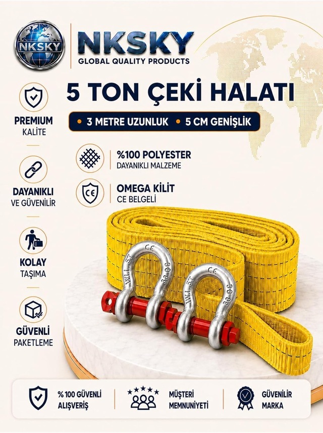 5 Ton Araç Çekme Halatı 3 Metre 5 Cm Genişlik Ce Belgeli Omega Kilit Oto Çeki Halatı Sarı