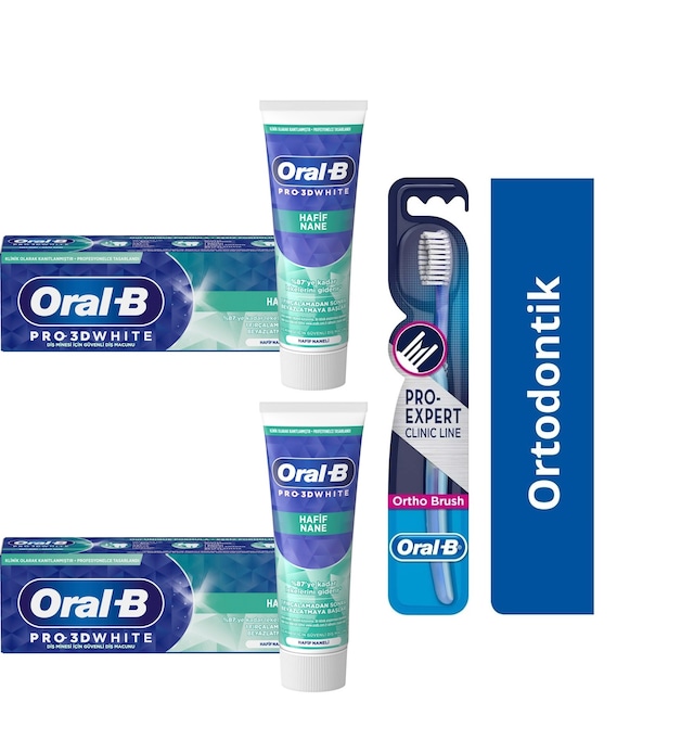 ﻿Oral-B 3D White Hafif Nane Diş Macunu 2 x 75 ML + Ortodontik 35 Yumuşak Diş Fırçası