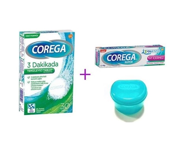 Corega 3 Dakikada Protez Temizleyici 30'lu + Corega Tat İçermez Protez Yapıştırıcı 40 G +Protez Kabı