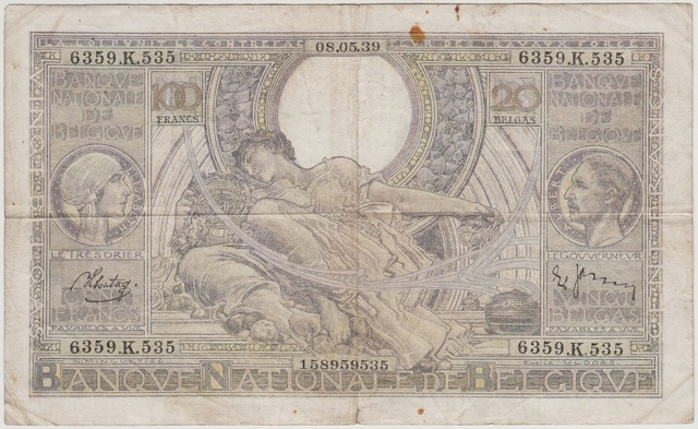 Belçika 100 Frank 20 Belgas 1939 Iı. Dünya Savaşı Dönemi. Çok Temiz -