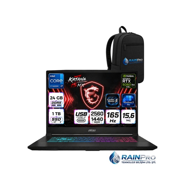 MSI Katana 15 HX B14WFK-817XTRRNP06 i7-14650HX 24 GB 1 TB SSD 8 GB RTX5060 15.6″ W11P Dizüstü Bilgisayar + Çanta