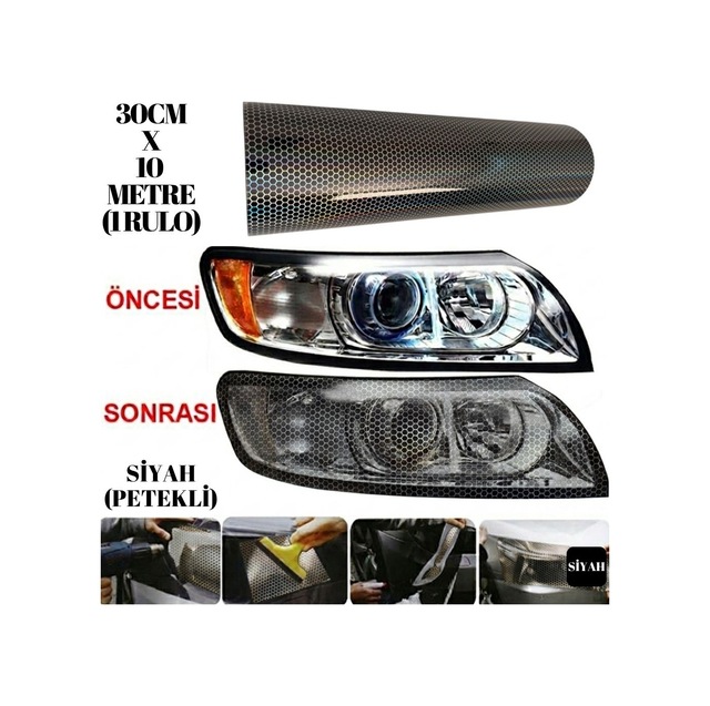 Petekli Siyah Far Stop Filmi Folyosu Çizik Engelleyici Folyo 3d Petek Desenli Hologramlı 30 Cm X 10 Metre