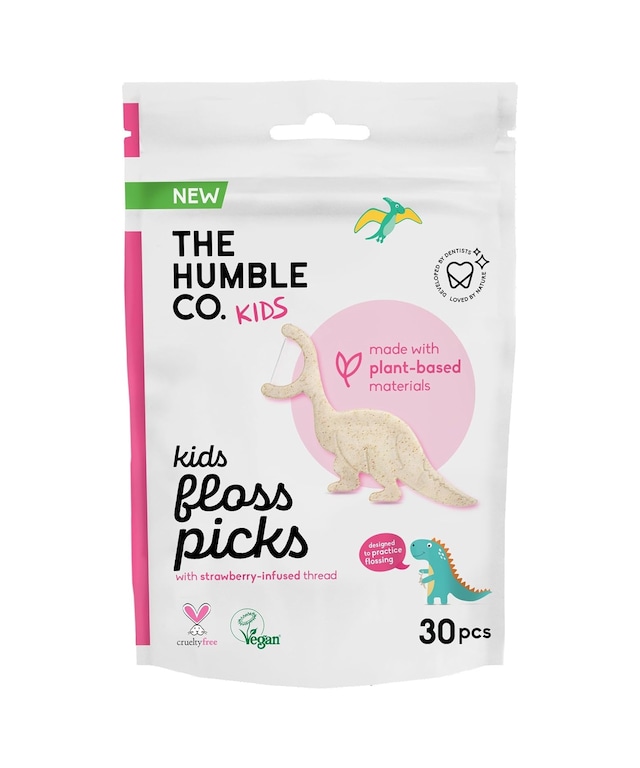The Humble Co. - Humble Corn Starch Floss Picks - Kids 30 Pcs Kürdanlı Diş İpi 30 Pcs - Çocuklar İçin Çilek Aroma