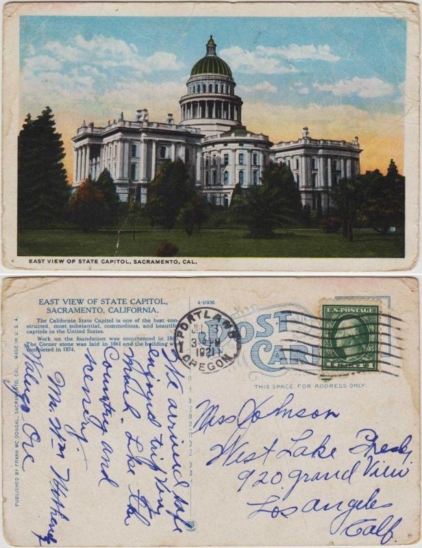 Oregon-portland 3 Haziran 1921 Tarihli Postadan Geçmişsacramento-state Capıtol Temalı Pullu Posta Kartı. Teşhir Ürün