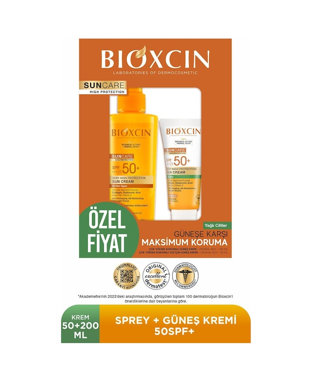 Bioxcin Sun Care Spf 50 Yüz Güneş Kremi 50 ml Karma Yağlı Cilt + Vücut Güneş Spreyi 200 Ml Avantaj Seti