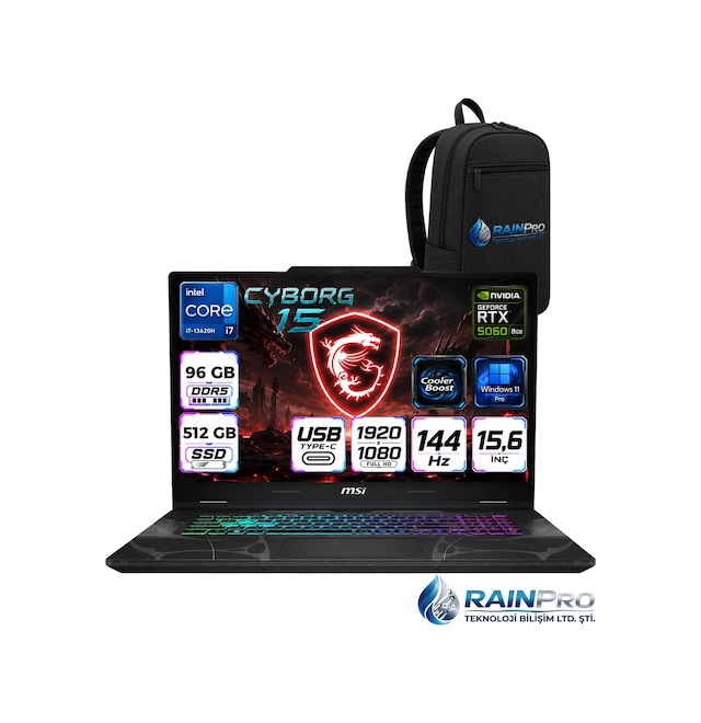 MSI Cyborg 15 B13WFKG-490XTRRNP29 Core i7-13620H 96 GB 512 GB SSD 8 GB RTX5060 15.6″ FHD W11P Dizüstü Bilgisayar + Çanta