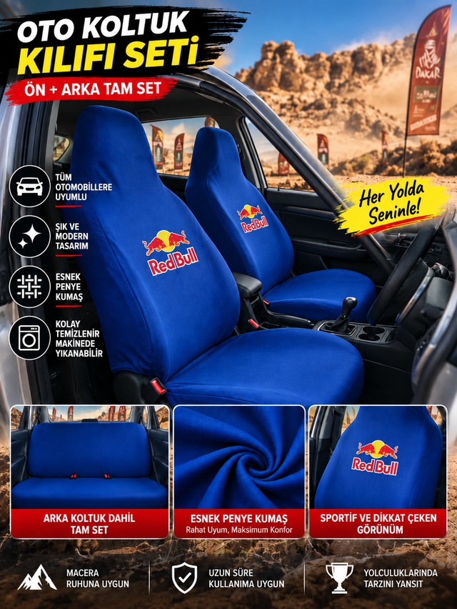Oto Koltuk Kılıfı Universal Esnek Penye Kumaş Redbull Temalı Mavi Renk 1 Takım