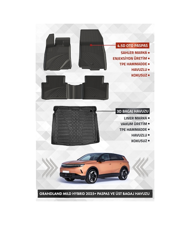 Opel Grandland Mild Hybrid 2025+ Uyumlu 4.5d Sahler Premium Havuzlu Paspas Ve Liner Marka 3d Üst Bagaj Havuzu