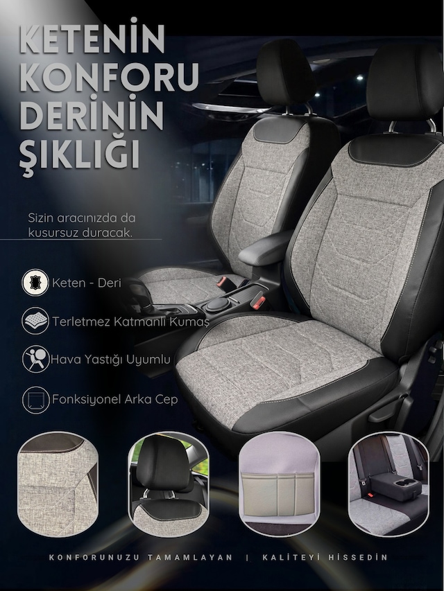 Linum Serisi Keten Kumaş Oto Koltuk Kılıfı Siyah Gri