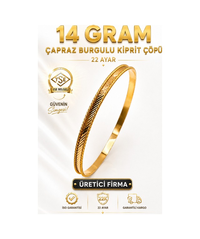 22 Ayar Tse Belgeli 14 Gram Çapraz Burgulu Kibrit Çöpü Ajda Altın Bilezik Gold İşçiliksiz