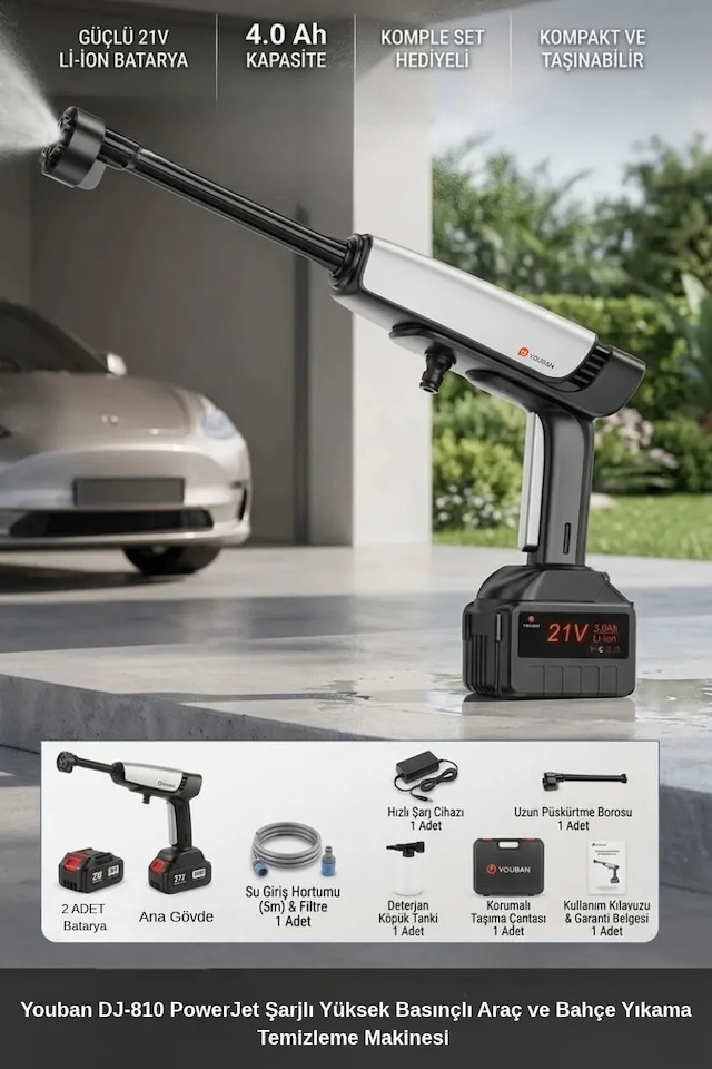 Dj-810 Yüksek Basınçlı Şarjlı Araç Ve Bahçe Yıkama Makinesi 30 Bar 2 Bataryalı Güçlü Motor 0 - 1 Saat
