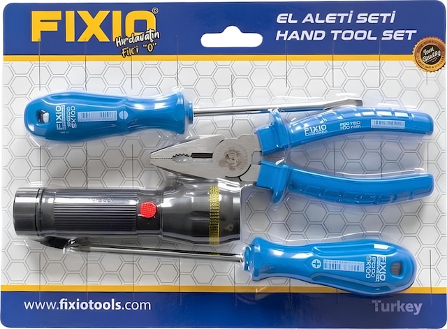 Fixio Vs1003 Trafik El Aleti Seti 4 Parça Pense Tornavida Seti + El Feneri, Araç İçi Acil Tamir Kiti