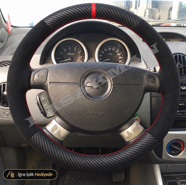 Chevrolet Kalos Dikme Direksiyon Kılıfı Alcantara Süet Mat Karbon Kırmızı Yüzük Ve Dikiş Hb-sedan-sx 2004-2008