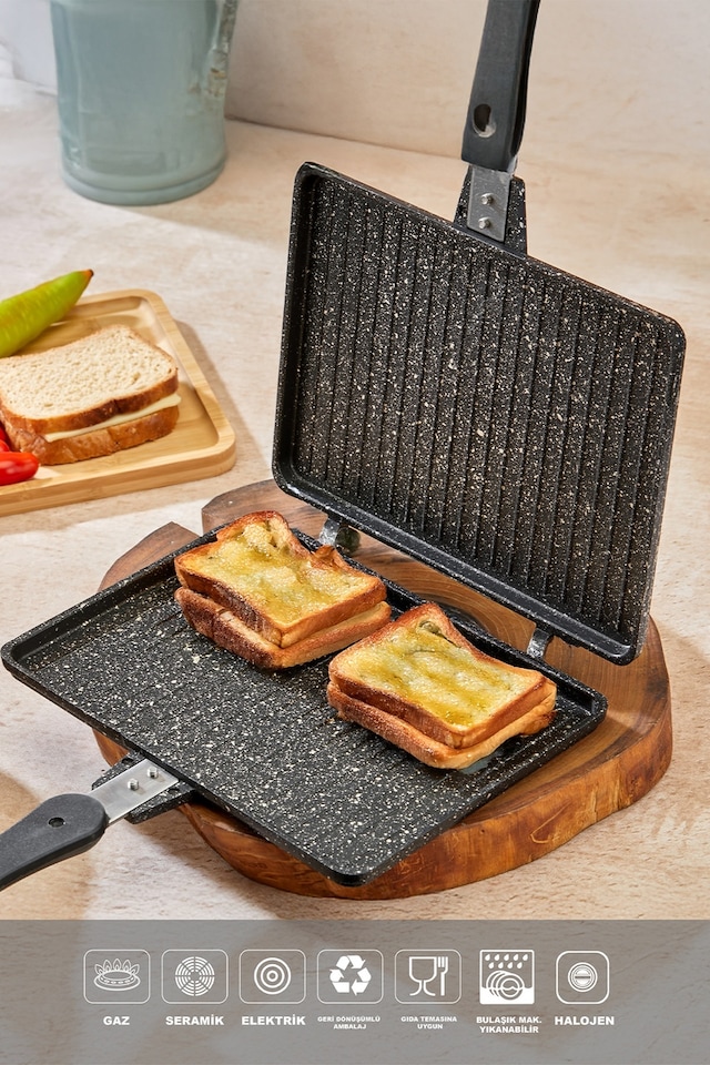 Döküm Granit Ocak Üstü El Tost Makinası Gümüş- Siyah
