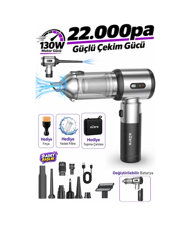 Ezere Duoforcevac 22000pa Güçlü Portatif Taşınabilir Vakumlu Kablosuz Üflemeli Mini Araç Süpürgesi