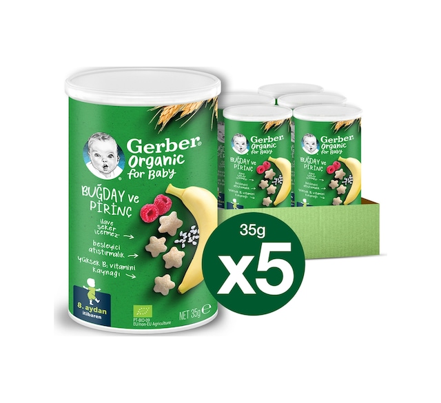 Gerber Organik Pirinçli, Buğdaylı, Muzlu ve Ahududulu Bebek Atıştırmalığı 35 gr x 5 Adet