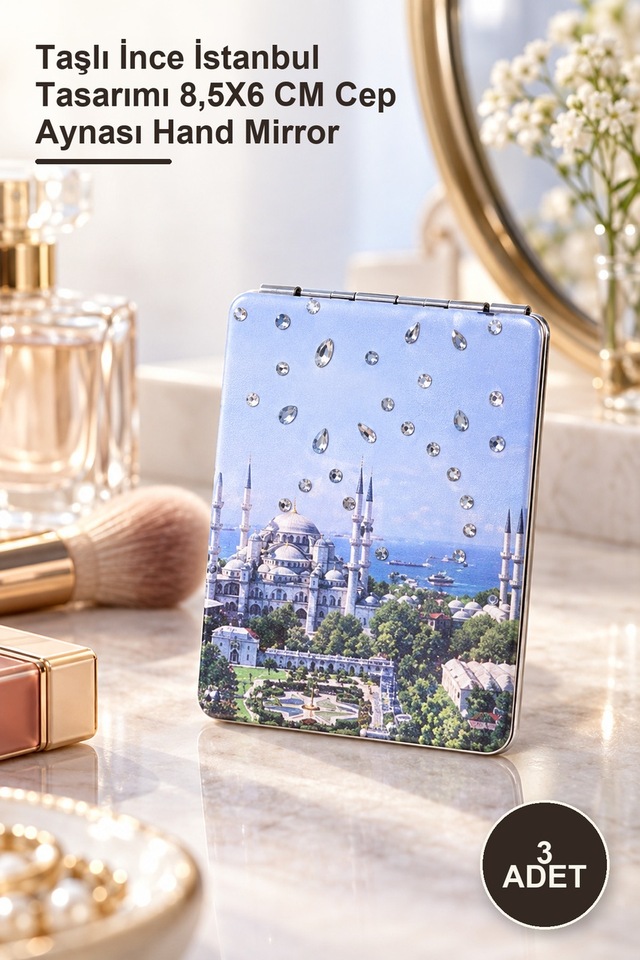 3 Adet El Aynası Taşlı İnce İstanbul Tasarımı 8,5x6 Cm Cep Aynası Hand Mirror