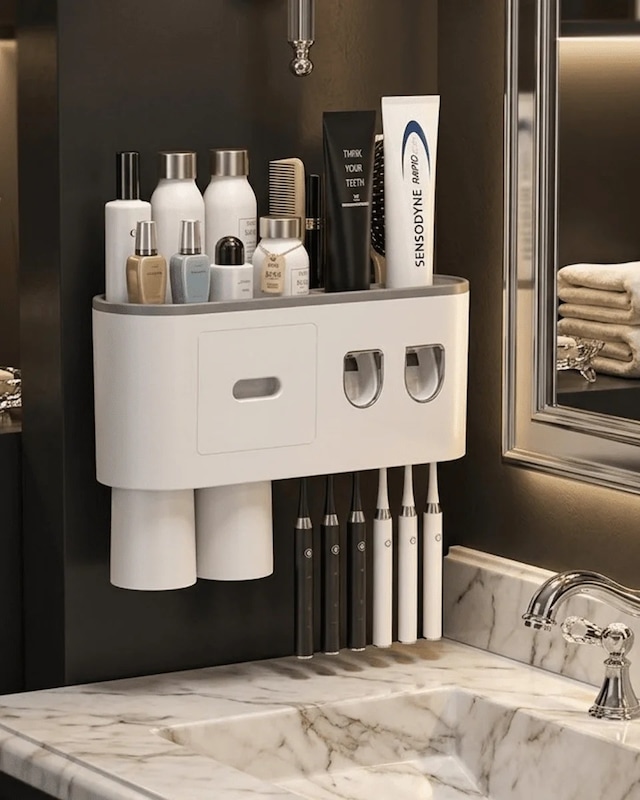 Lb Çift Dispenserli Diş Macunu Sıkacağı 6 Fırçalık Bardaklı Banyo Organizer
