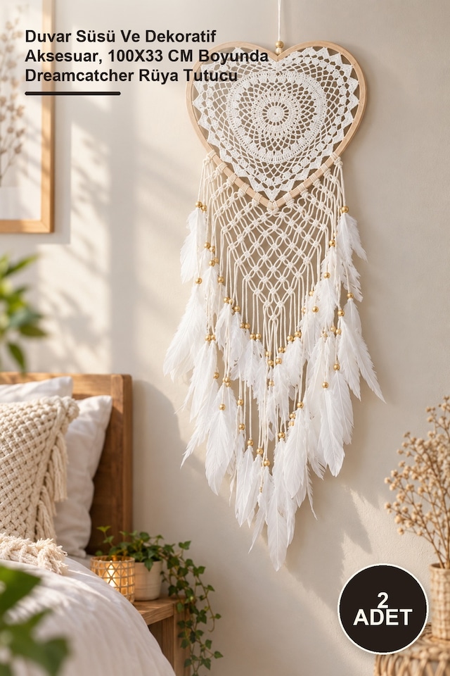 2 Adet Kalpli Düş Kapanı Duvar Süsü Ve Dekoratif Aksesuar, 100x33 Cm Boyunda Dreamcatcher Rüya Tutucu