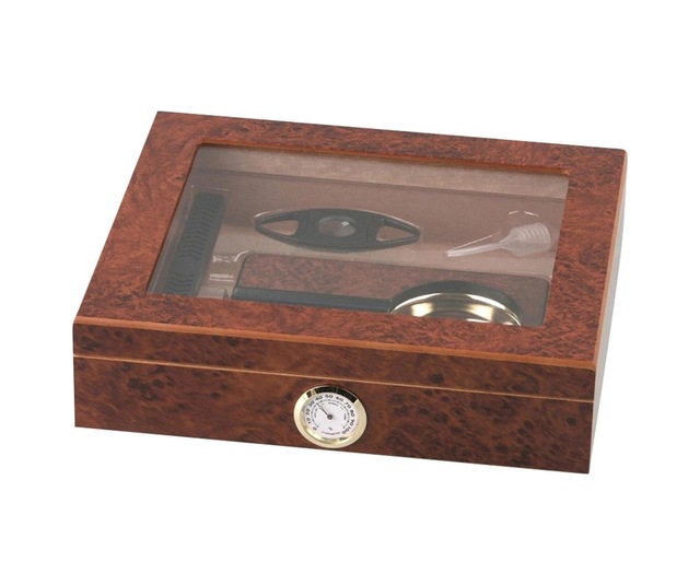 Cedar Alman Camlı Puro Kutusu Humidor Seti Kahve 15's