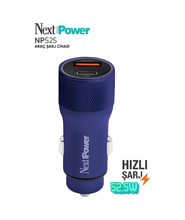 Next Power 52.5w Araç İçi Hızlı Şarj Aleti Type-c + Usb Güç Adaptörü Oto Çakmaklık - Mavi