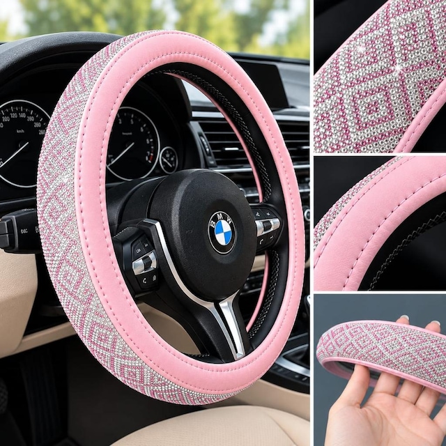Pembe Taşlı Direksiyon Kılıfı Kadınlara Özel Pırlanta Direksiyon Kılıfı Hediyelik Çok Renkli