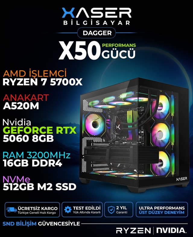 Xaser Dagger X50 R7-5700X 16 GB 512 GB SSD 8 GB RTX5060 Free Dos Masaüstü Oyuncu Bilgisayarı