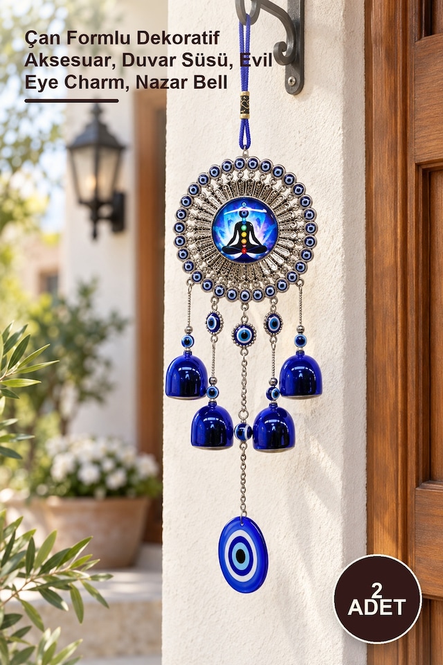 2 Adet Metal Nazar Boncuğu Çan Formlu Dekoratif Aksesuar, Duvar Süsü, Evil Eye Charm, Nazar Bell