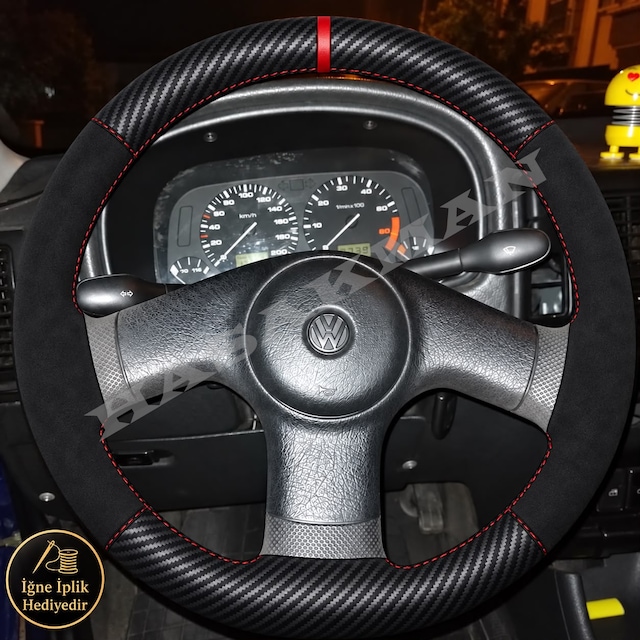 Volkswagen Caddy Mk2 Dikme Direksiyon Kılıfı Alcantara Süet Mat Karbon Kırmızı Yüzük Ve Dikiş Erken Dönem-3 Kollu-tuşsuz 1996-2000