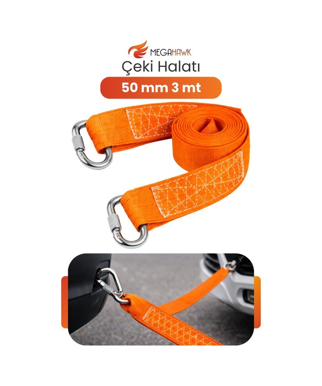 Çeki Halatı 50 Mm 3 Metre Turuncu Kancalı Araç Çekme Halatı Dayanıklı Oto Halat