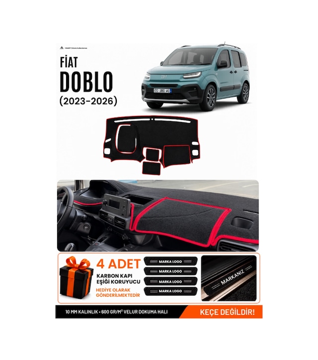 Fiat Doblo 2023-2026 Uyumlu Torpido Koruma, Torpido Örtüsü, Torpido Kılıfı - Siyah-kırmızı - Cı015