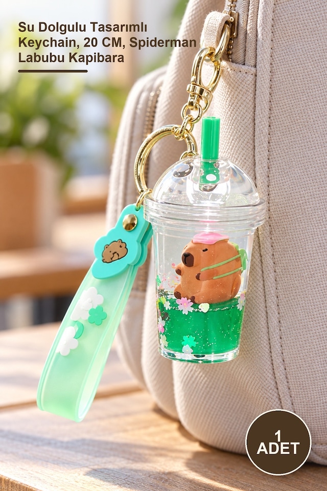 1 Adet Sulu Silikon Anahtarlık Su Dolgulu Tasarımlı Keychain, 20 Cm, Spiderman Labubu Kapibara