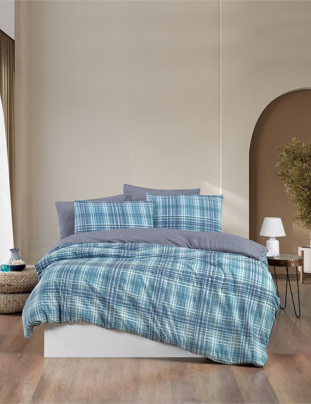 Mystory Home Lastikli Çarşaflı Çift Kişilik Nevresim Takımı Ekose Indigo