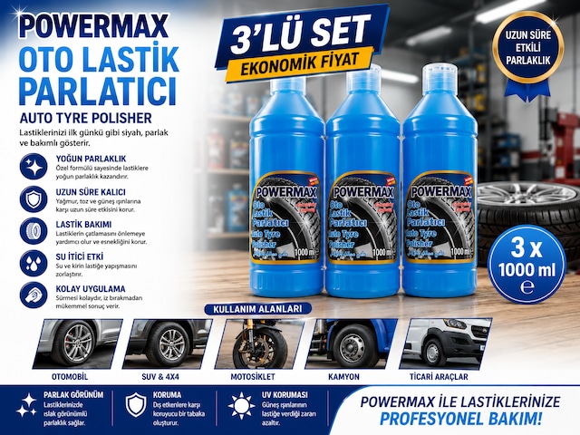 Powermax Oto Lastik Parlatıcı 1000 Ml X3 Set Lastik Bakım Ve Parlatma Ürünü 3 Adet