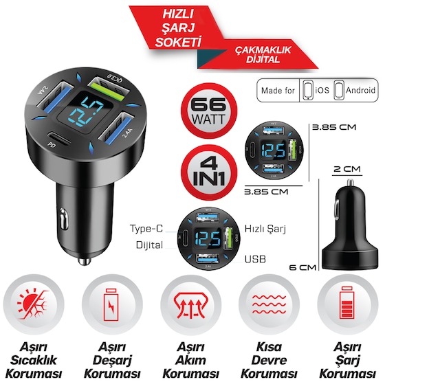 Araç İçi Dijital Çakmak Sarj Soketi Hızlı Sarj 66w 4 İn 1 Usb + Type C 5901848
