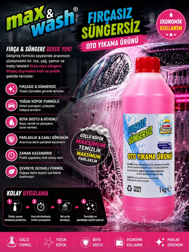 Max&wash 1 Kg Fırçasız Süngersiz Oto Yıkama Şampuanı 1/60 Konsantre Yoğun Köpük Boya Dostu Profesyonel Araç Yıkama Ürünü