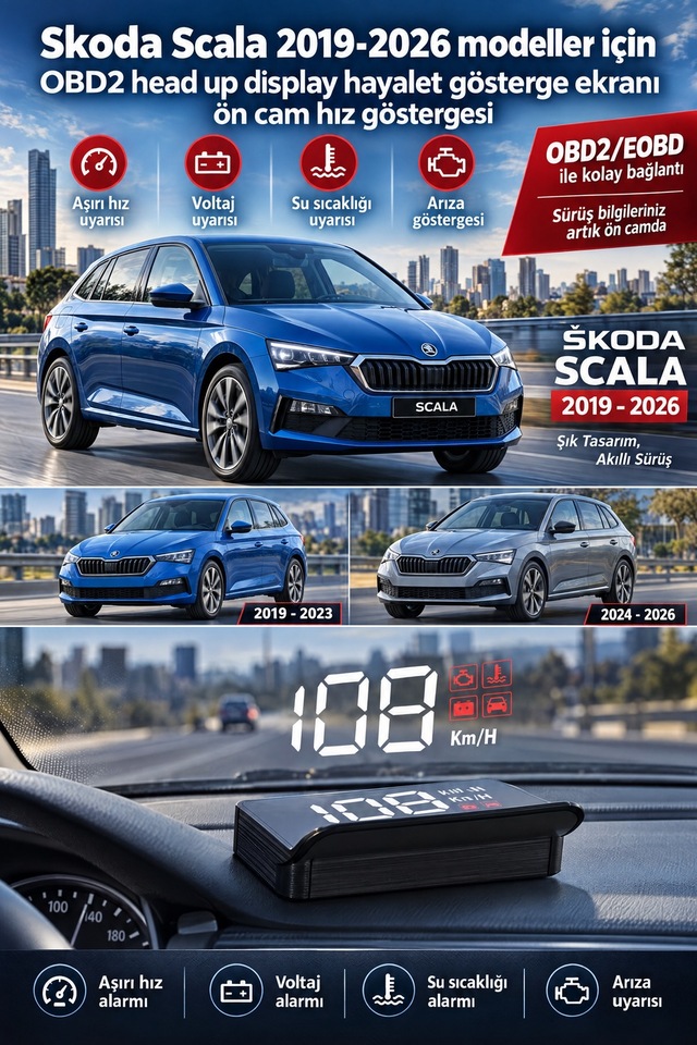 Skoda Scala 2019-2026 Modeller İçin Obd2 Head Up Display Hayalet Gösterge Ekranı Ön Cam Hız Göstergesi