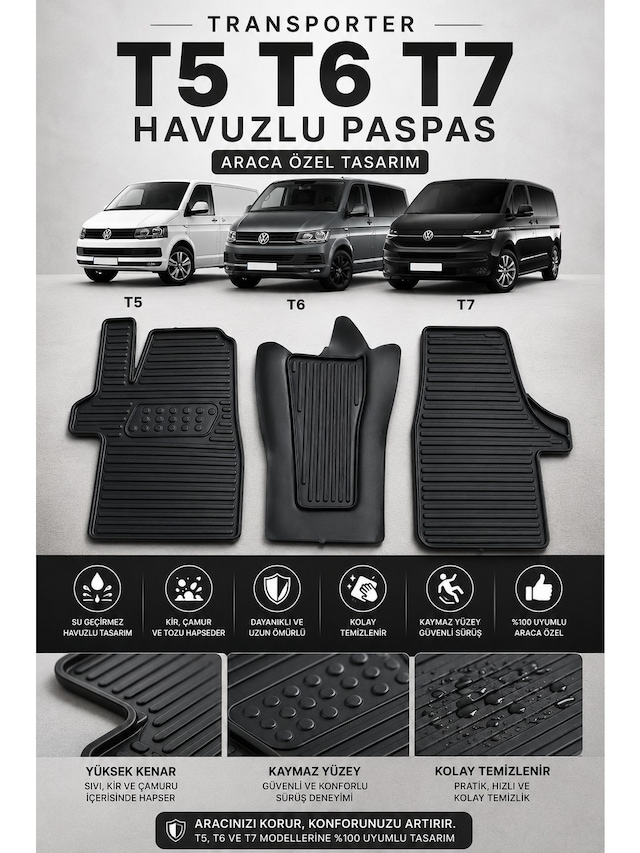 Volkswagen Transporter T5 T6 T7 Havuzlu Oto Paspas 3 Parça Araca Özel Siyah Kaymaz Su Geçirmez