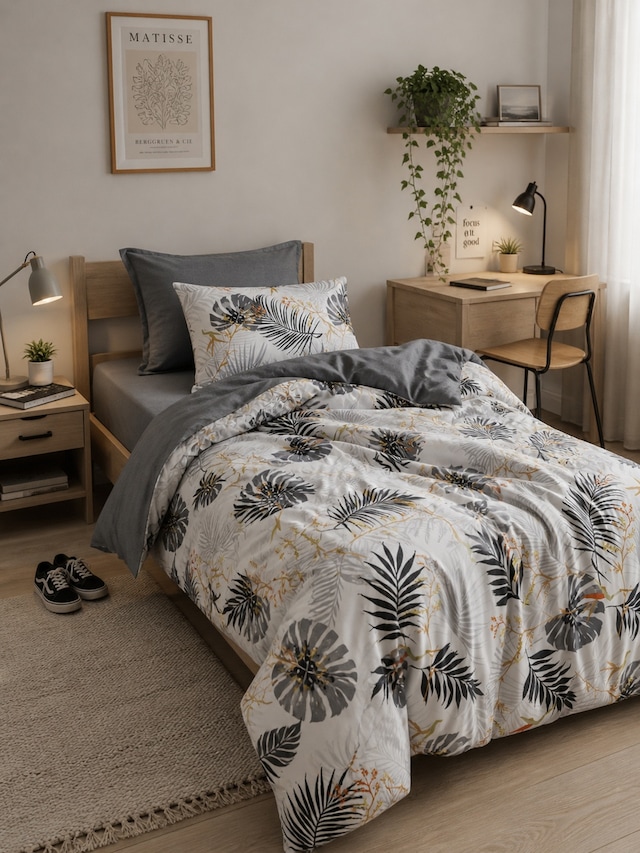 Mystory Home Lastikli Çarşaflı Tek Kişilik Nevresim Takımı Monstera Gri Gri