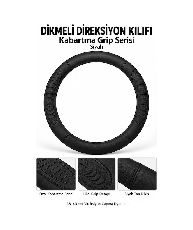 Trobus Volkswagen Caddy 2004-2010 Uyumlu Dikmeli Direksiyon Kılıfı Kabartma Grip Siyah